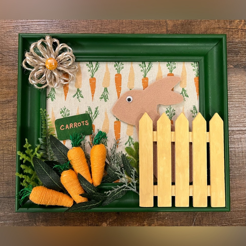 Hand Crafted Green and Orange Spring Garden/Bunny Framed Decor